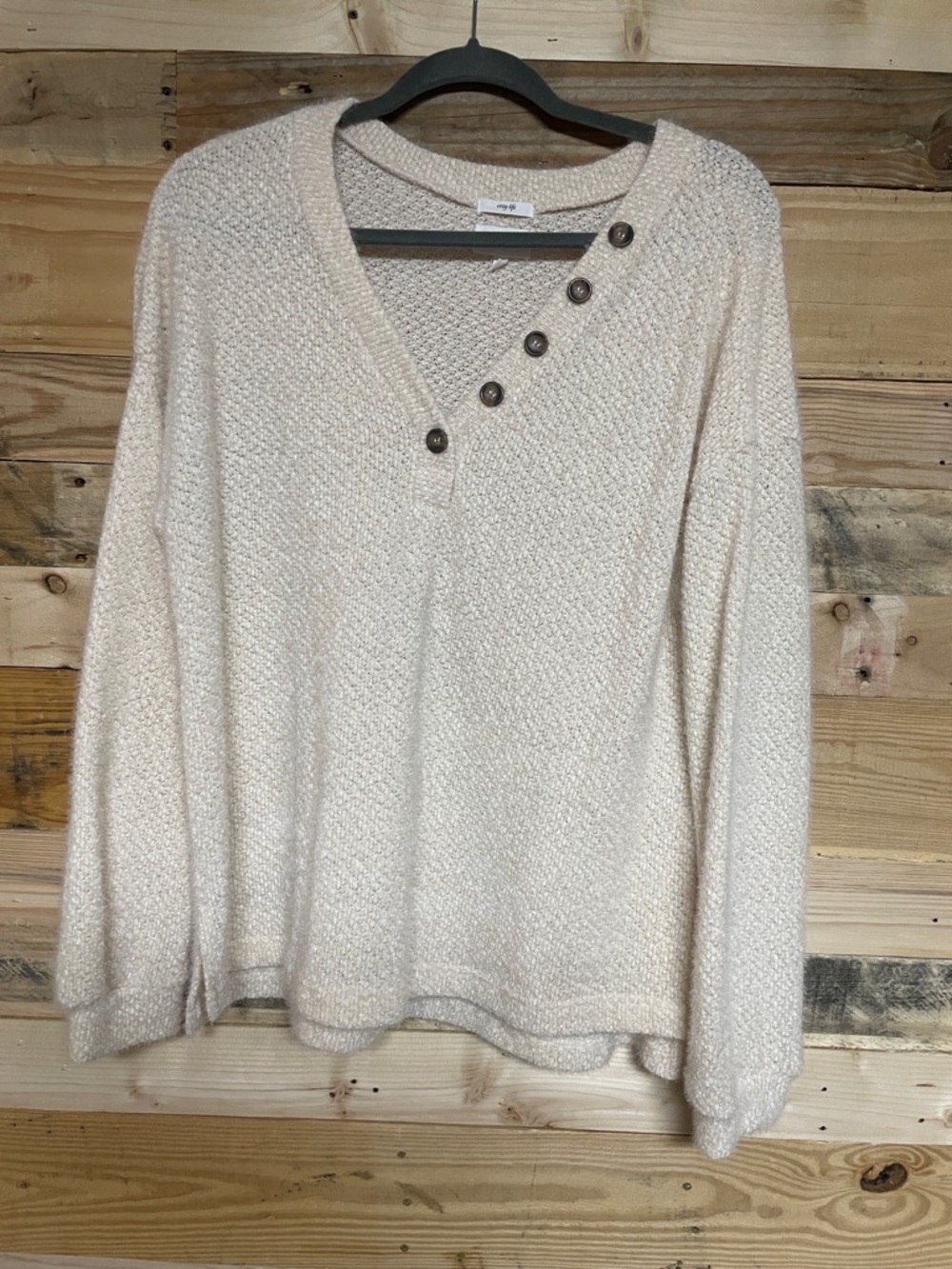 Blu Pepper size Large Cream Button-Detail V-Neck Super Soft Relaxed Fit  Sweater